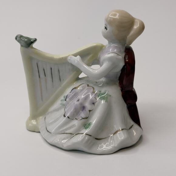 Vintage Figurine 18th Century Girl Playing Harp/Floral Dress/Bird Hand Painted - Picture 3 of 9